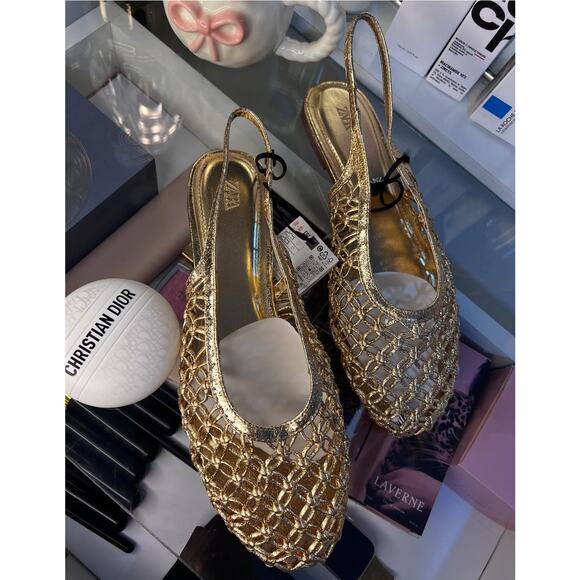 ZARA Metallic Ballet Flats NWT Gold Slingback Size 10 - Picture 9 of 15
